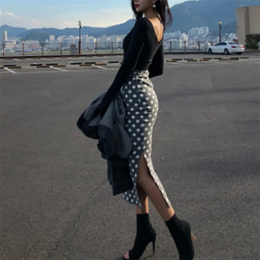 

Gowyimmes 2022 Summer Fashion Women Dot Skirt Elegant Lady High Waist Split Skirts Girl Midi Long Hip Pakadge Denim Skirt 1245
