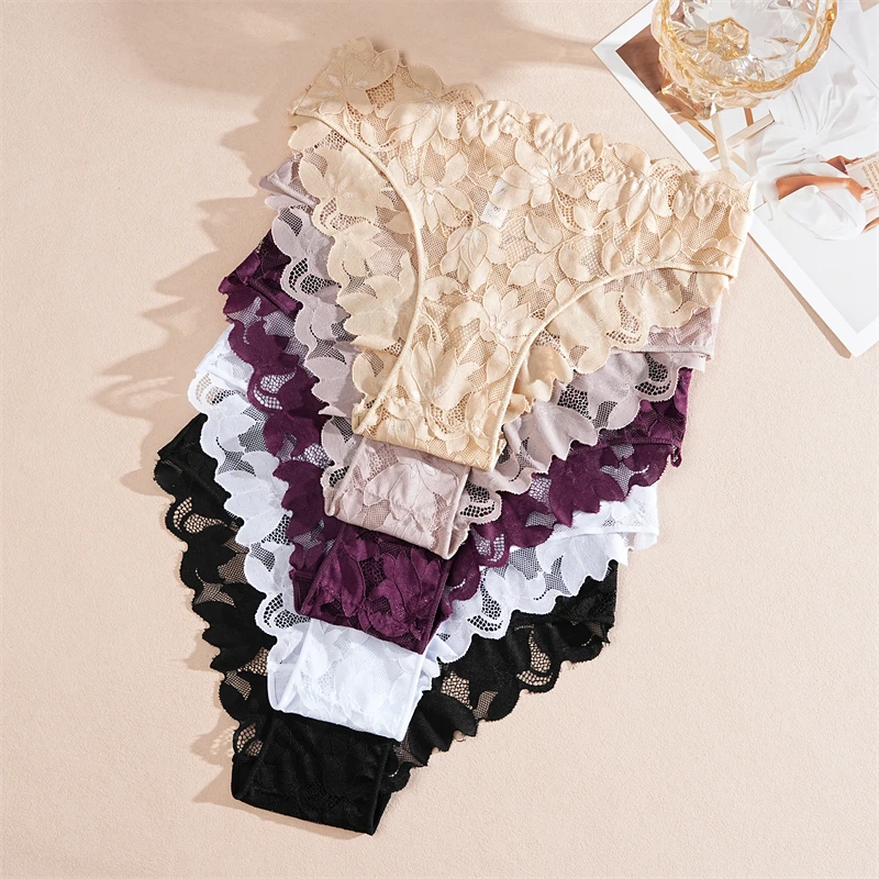 2Pcs Women's Satin Floral Lace Underwear Sexy Hollow Out Panties Solid Low-Waist Perspective Briefs Girls Soft Lingerie