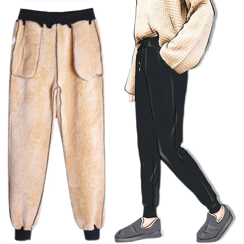 

Female Casual Cotton Loose Harlan Pants Winter Fashion Thick Lambskin Cashmere Long Pants Warm M-2XL Chic Ladies Trousers 29400