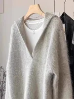 Advanced Gray Alpaca Wool Sweater Women'S Autumn And Winter Big Collar V-Neck Fluffy Loose Casual Top 1