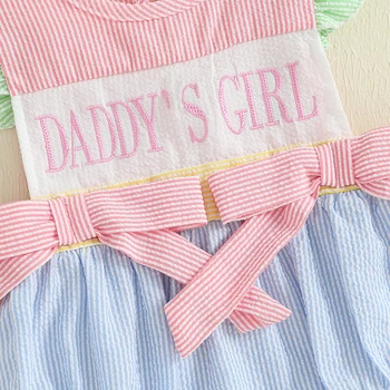 Adorable Baby Girls Romper with Flutter Sleeves Striped Design Cute Bows and Embroidered Letters - Perfect Summer Outfit for 1
