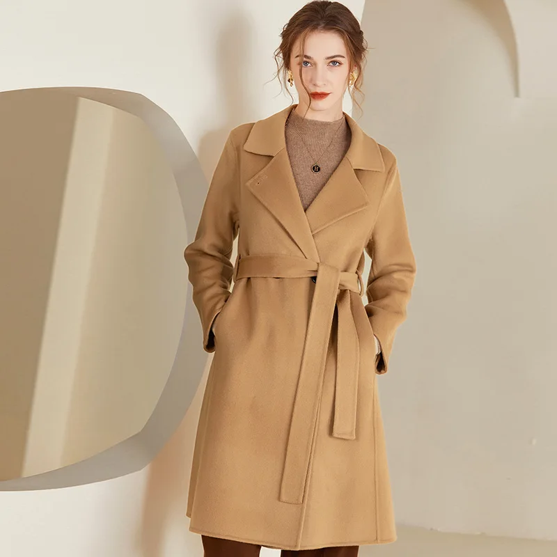 Autumn And Winter New Belt Wool Double-Sided Coat Women's Long Woolen Coat Temperament Suit Collar Slim