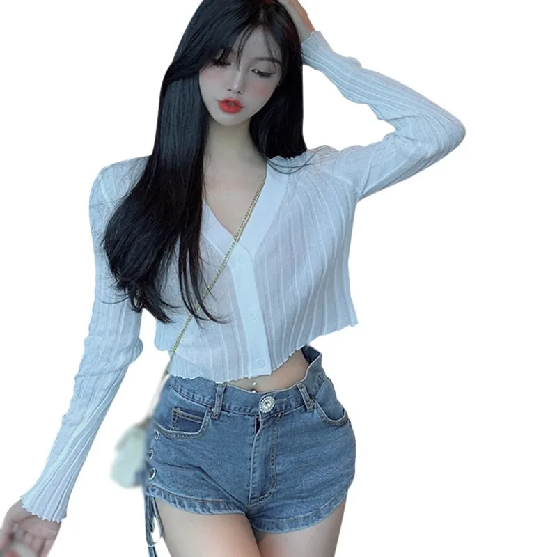 여성용 V넥 긴팔 단추 업 니트 가디건 스웨터, 섹시한 티셔츠
