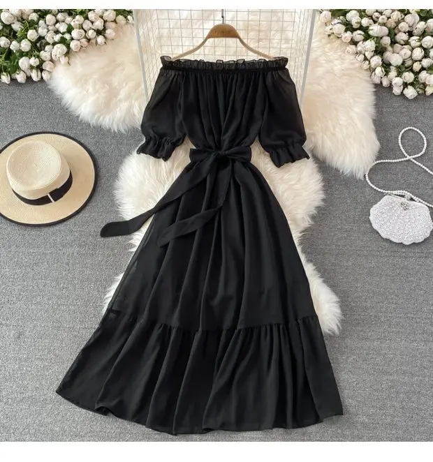 Beach Dress Women Sexy Off The Shoulder Slash Beach Chiffon Dresses Ladies Elegant A Line Bandage Party Dress Long Robe