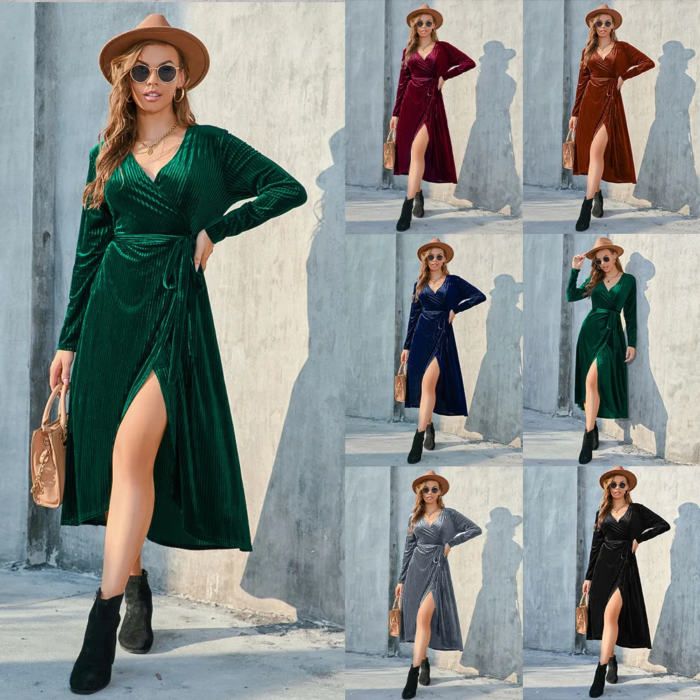 

Oversize women's dress 2023 autumn and winter split strap pit strip gold velvet medium length dress
