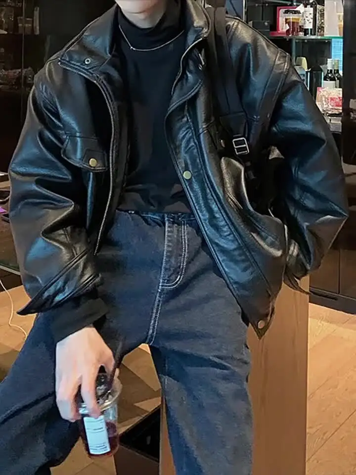 Vintage Leather Jacket Men Pversized Women Moto Biker Coat Spring