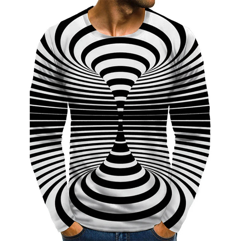 

Stereoscopic Vertigo Visual Abstract Long Sleeved Men's Spring and Autumn 3D Digital Printing Bottom T-shirt