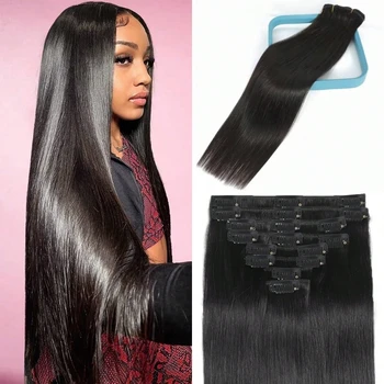 Extensioni per capelli con clip, 8 pezzi, capelli umani veri, extension con clip per capelli umani lisci, morbidi, setosi, con bordo invisibile per tutta la testa