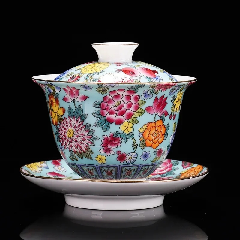 White Porcelain Sancai Gaiwan Color Enamel Cover Bowl Lid Saucer Vintage Handmade Tea Tureen Teaware Sets Gift 200ML