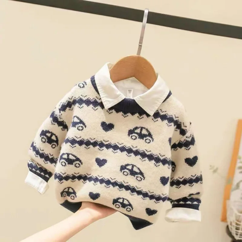 

Fashion New Mink Wool Thickened Pullover Knitting Sweater For Baby Boys Fall Autumn Print Round Collar Pullover Children Clothes