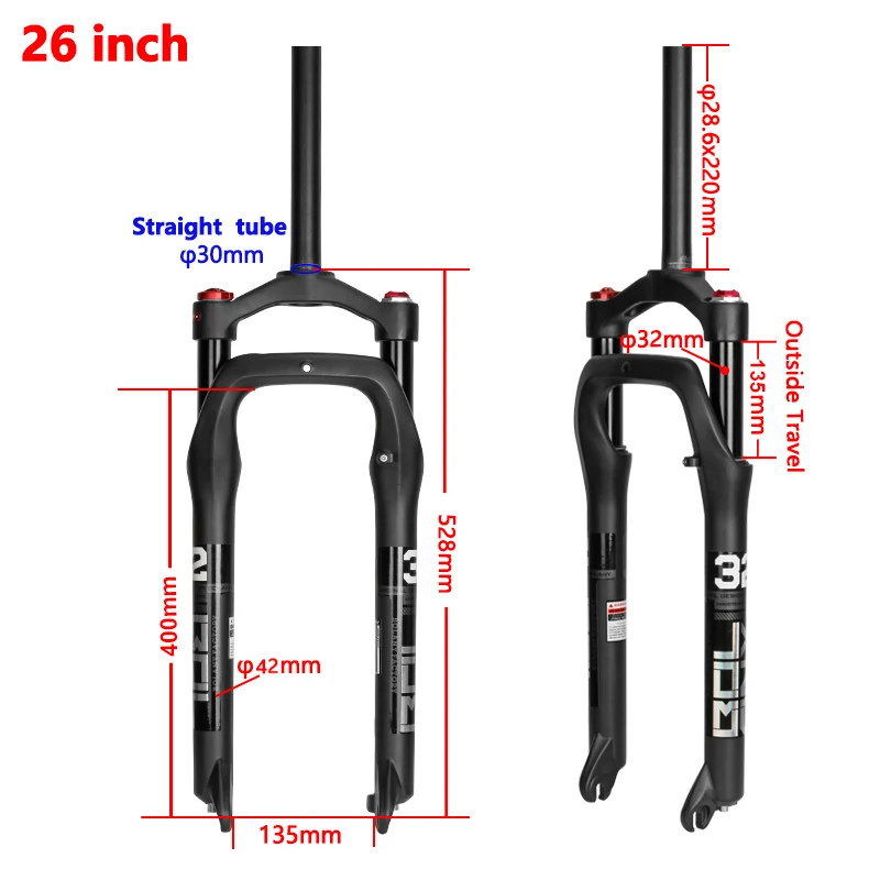 BOLANY Snow Bike Suspension 26inch Aluminum Alloy Air Gas Fork For Fat 4.0