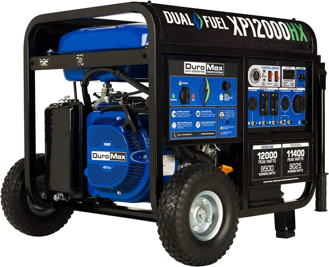 

DuroMax XP12000HX Dual Fuel Portable Generator-12000 Watt Gas or Propane Powered Electric Start w/CO Alert, 50 State Approved, B