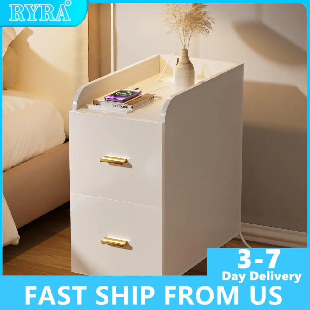 

Minimalist Modern Nightstands With US Socket Power Strip USB Port Wooden Bedside Table With 2 Drawers Home Decoration Furniture