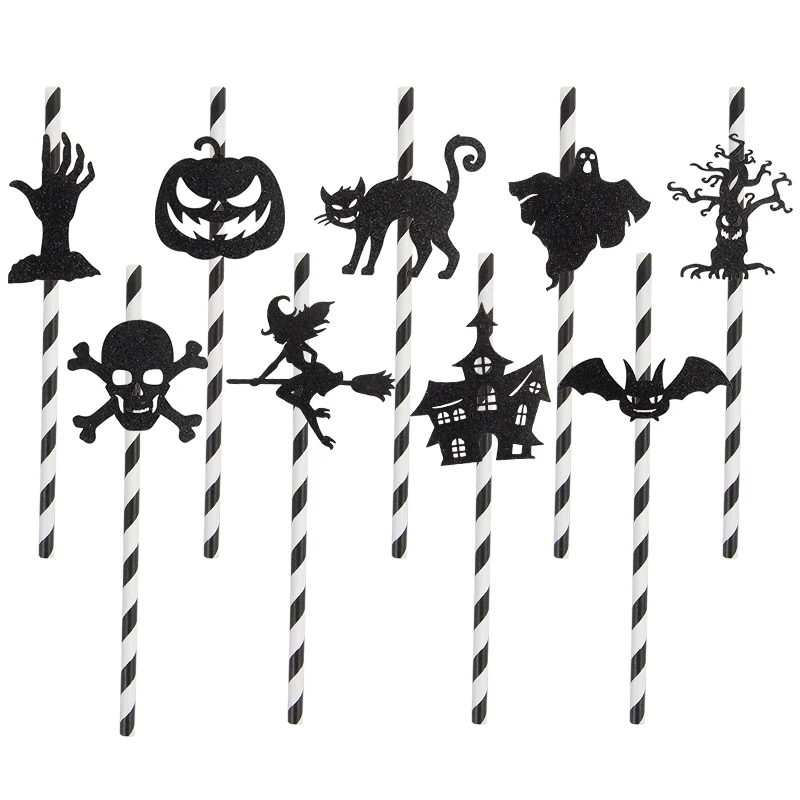 

18/9pcs Black Pumpkin Bat Spider Paper Drinking Straws Striped Pattern Disposable Straws Halloween Party Decoration Bar Supplies