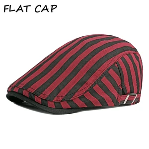 FLAT CAP Cotton Mens Beret Vintage Red Striped Classic Hats for Men Spring Summer Adjustable Artist Hat Chapeau