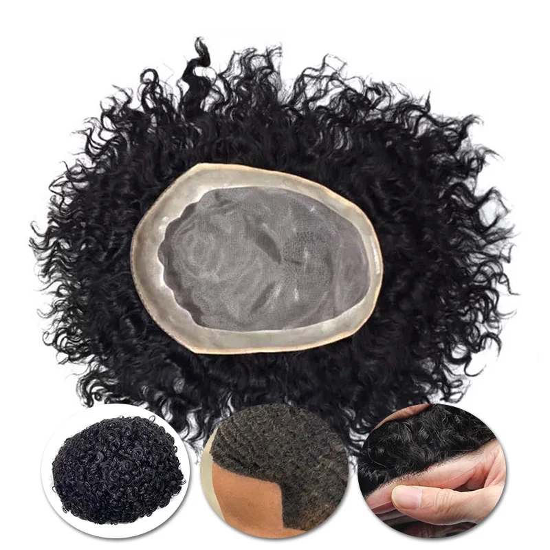 Deep Curly Hairpiece Men Capillary Prosthesis Fine Mono NPU 100% Human Hair Wigs For Men Toupee Exhuast Systems Afro Men Wig