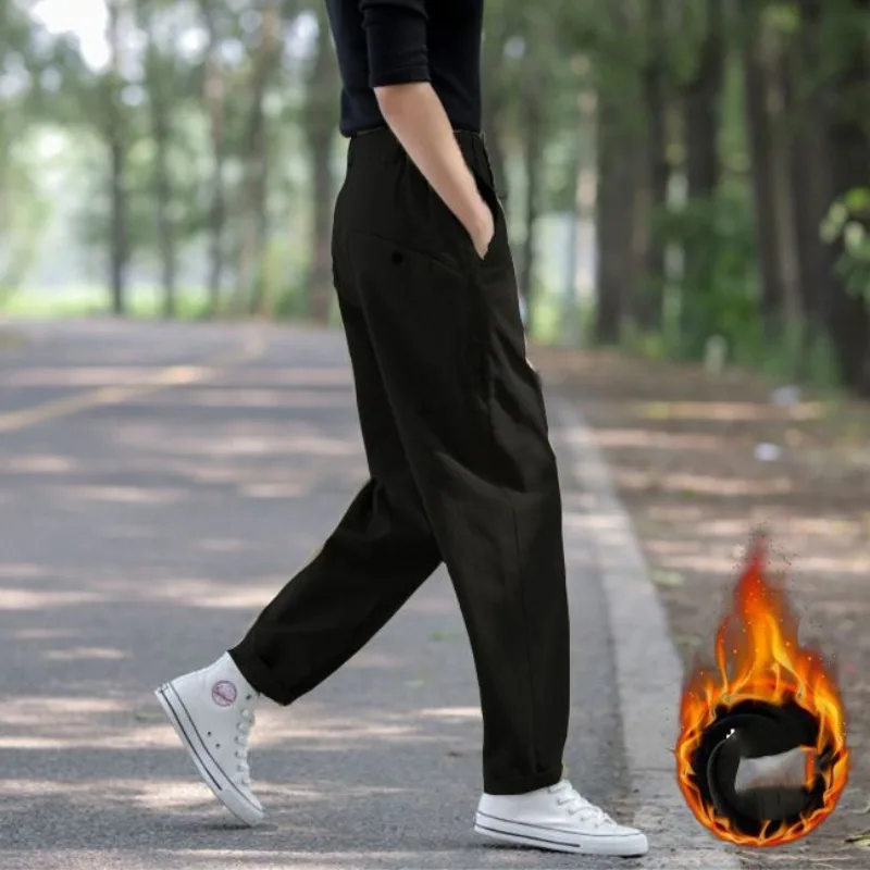 Women's Autumn Winter High Waist Solid Button Zipper Pocket Casual Loose Small Feet Workwear Trousers Fashion Vintage Pants