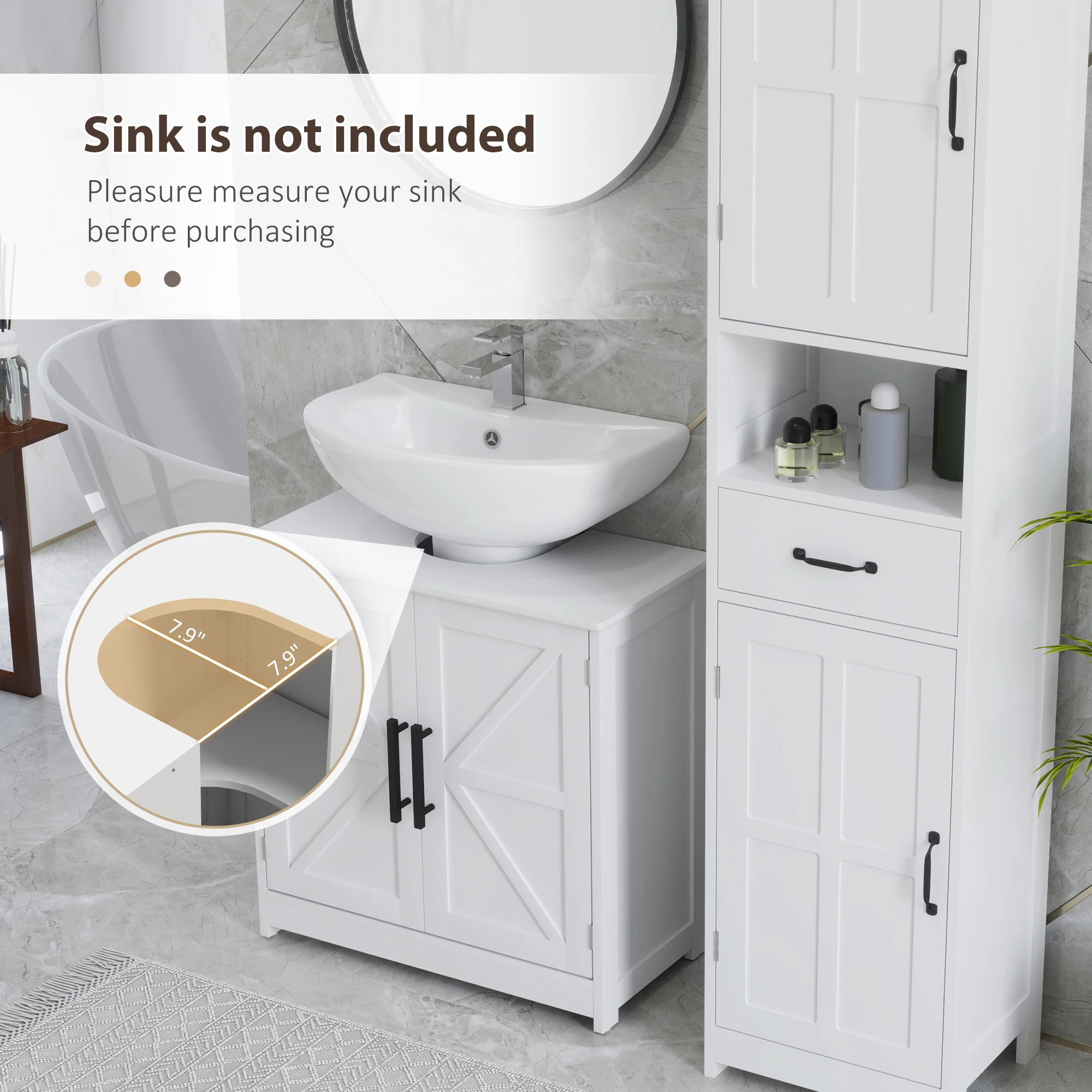 Homcom Pedestal Sink Storage Cabinet, Farmhouse Freestanding Bathroom Sink Cabinet with 2 Barn Doors and Adjustable Shelf, White 4