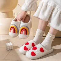 Cotton Slippers Women's Indoor Rainbow Plush Warm Slippers Floral Letter Heart Design Slides Ladies Fluffy Cozy Home Comfy Shoes 2
