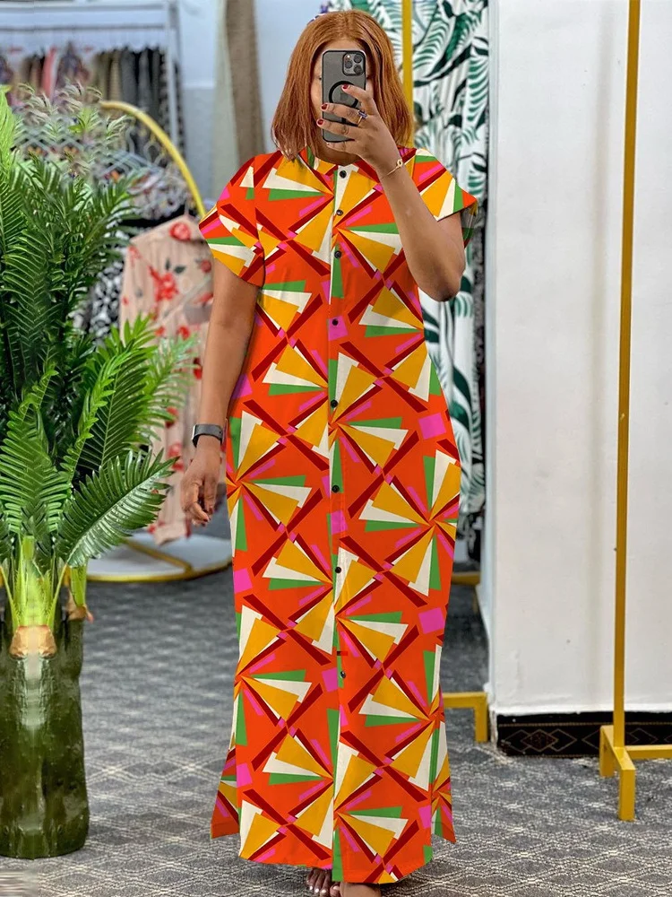 Wmstar Plus Size Dresses for Women Printed Short Sleeve Fashion Party Bodycon Stretch Button Maxi Dress Wholesale Dropshipping