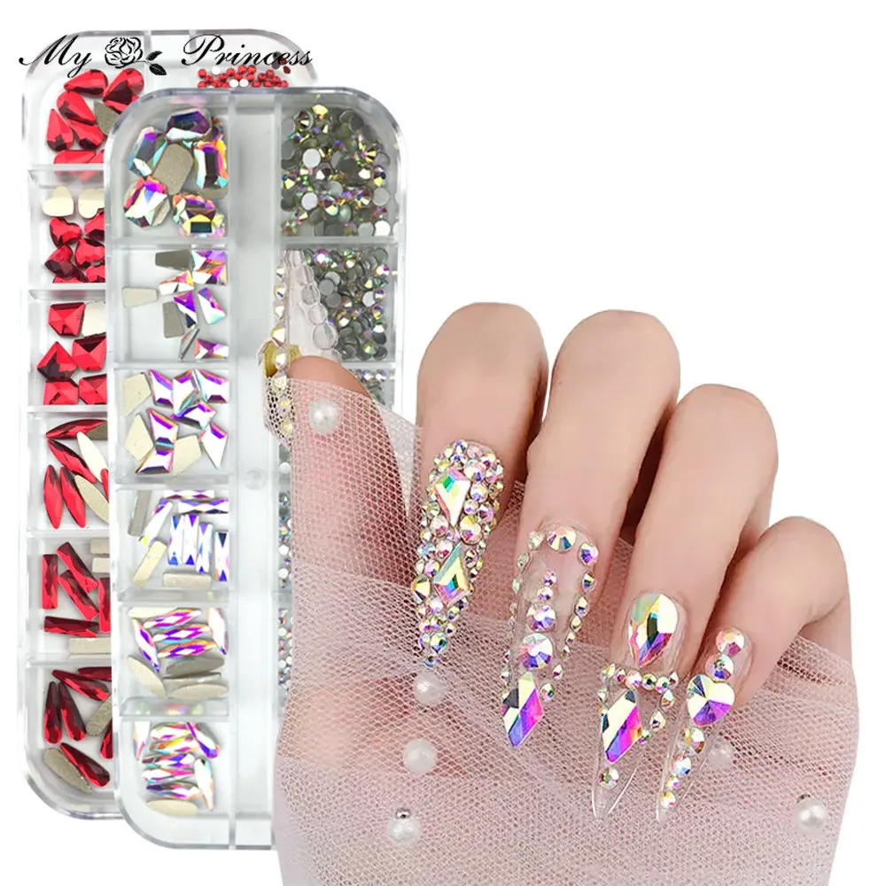 12 Girds Colorful Nail Rhinestones Mixed Size Diamonds Ab Flatback Shiny  Crystal 3d Glitter Gems Nail Art Decorations Strass - Rhinestones &  Decorations - AliExpress