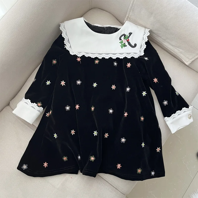 

Girls Embroidery Floral Velvet Dress 2024 Autumn Spring Korean Style Children Clothing Lapel Dresses 2 3 4 5 6 7 8 9 10 Years