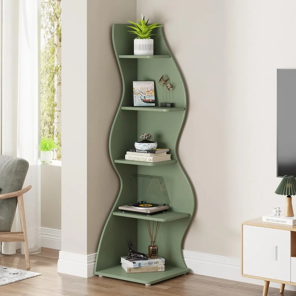 Modern 5-Tier Wall Corner Bookshelf, Stylish  Small Bookcase Storage Rack Plant Stand with Unique Shape for Living Room 5