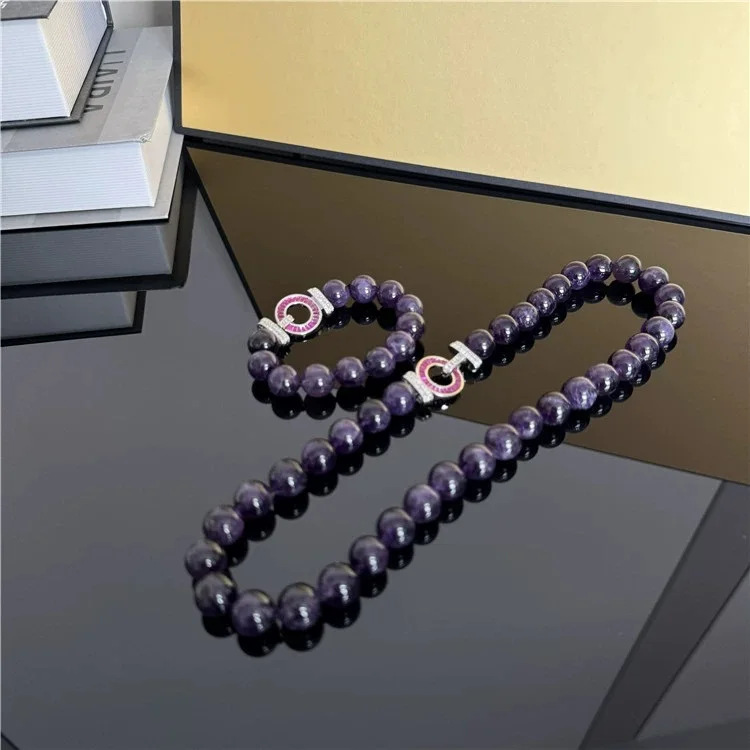 New natural 12mm amethyst round bead necklace bracelet set