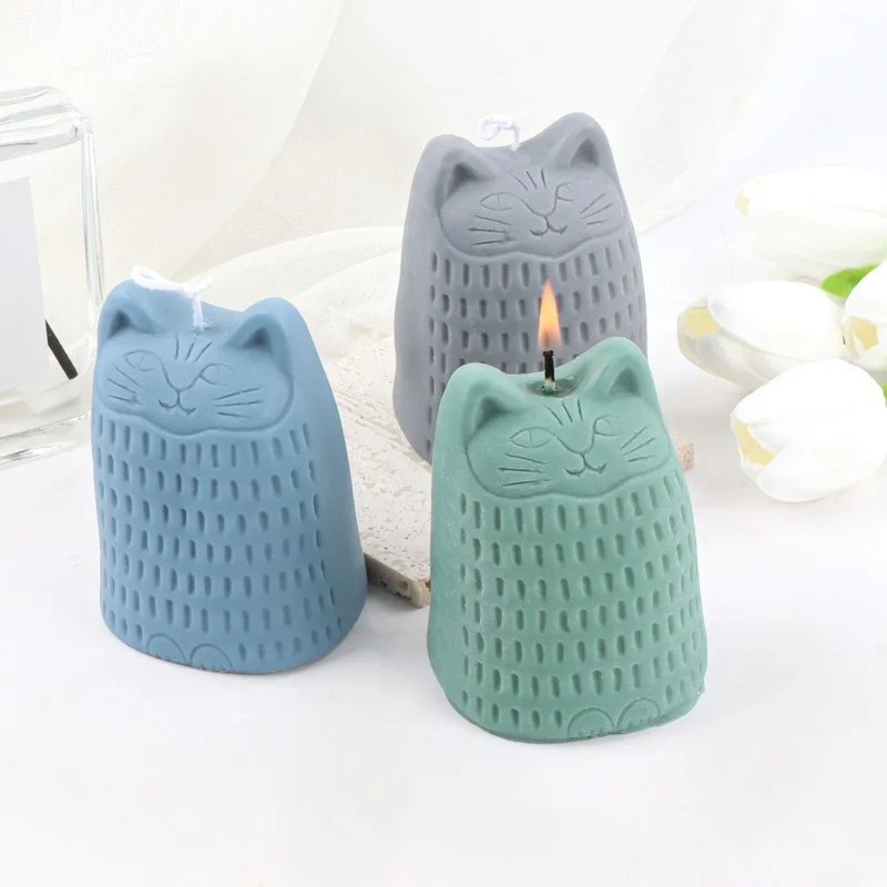 CuteCatCandleMoldSiliconeMoldDIYCartoonMeshCatCandleMold