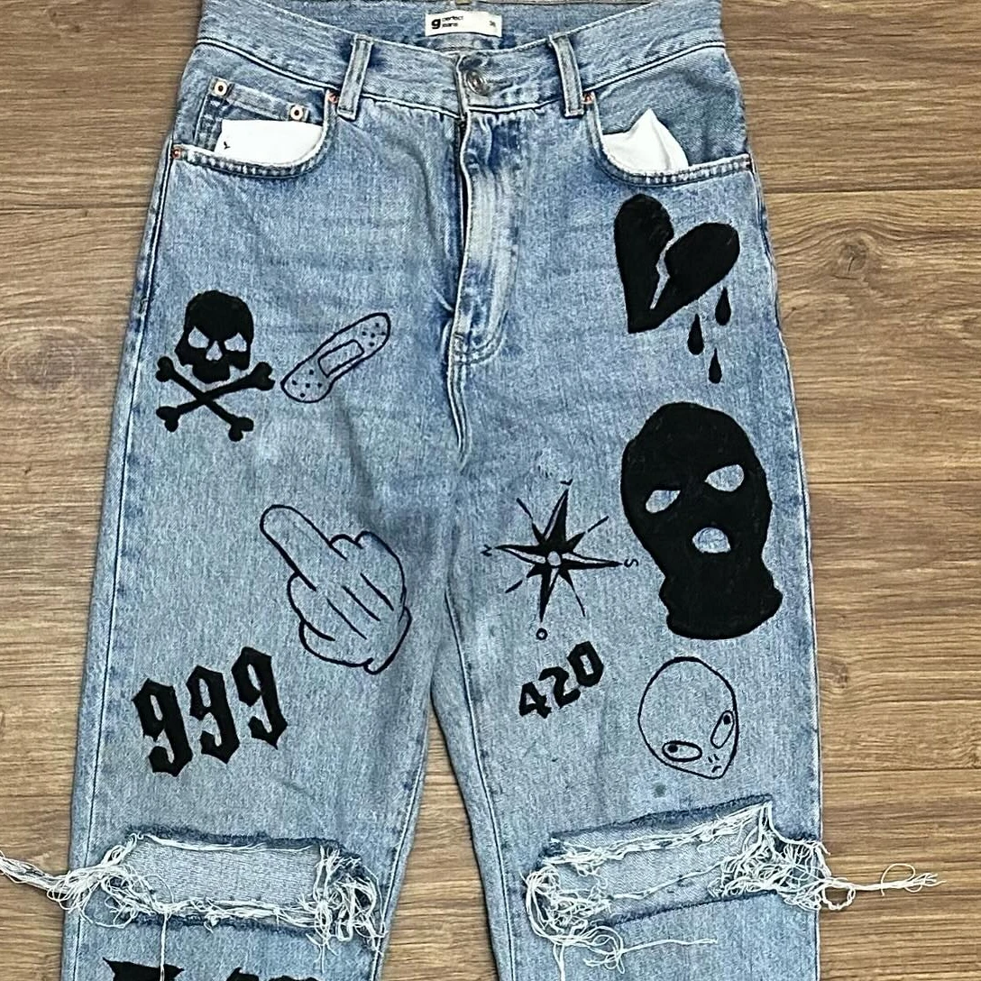 Streetwear Jeans Y2K Hip Hop Punk Rock Graphic Print Retro Blue Baggy Jeans Mens Womens New High Waisted Wide Leg Trousers 2