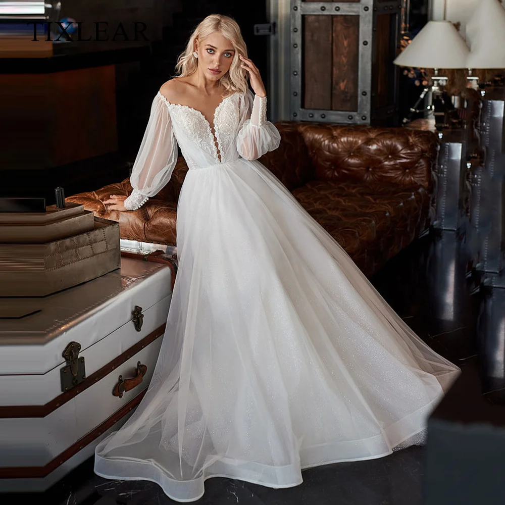 

Tilxlear Romantic A-Line Wedding Dress Tulle Embroidery Appliques O-Neck Illusion Full Sleeves Court Train 2023 Vestido De Noiva