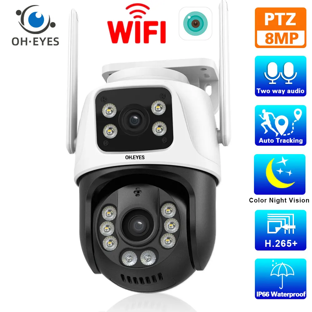 4K 8MP PTZ Wifi IP Camera Dual Lens Color Night Vision Human Detect ONVIF Wireless Surveillance CCTV Cameras Security Protection
