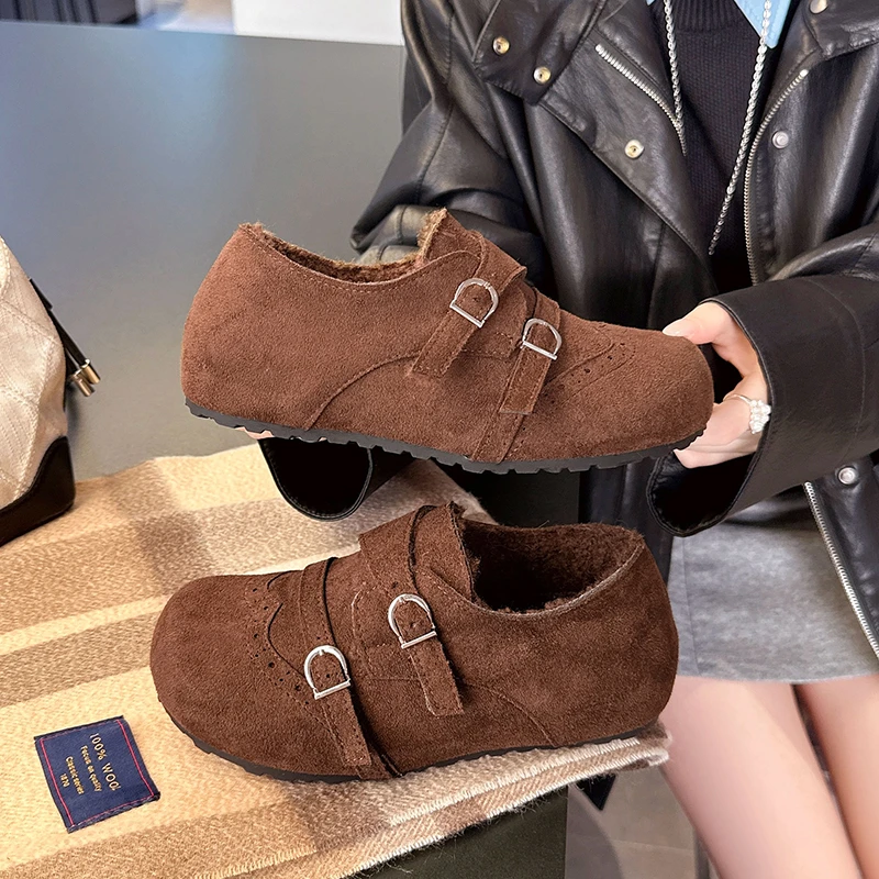 Aphixta Black Leather Warm Winter Mary Janes Shoes For Women Furry Round Toe Belt Buckle Shoes Short Plush Flat Heel Woman Shoes