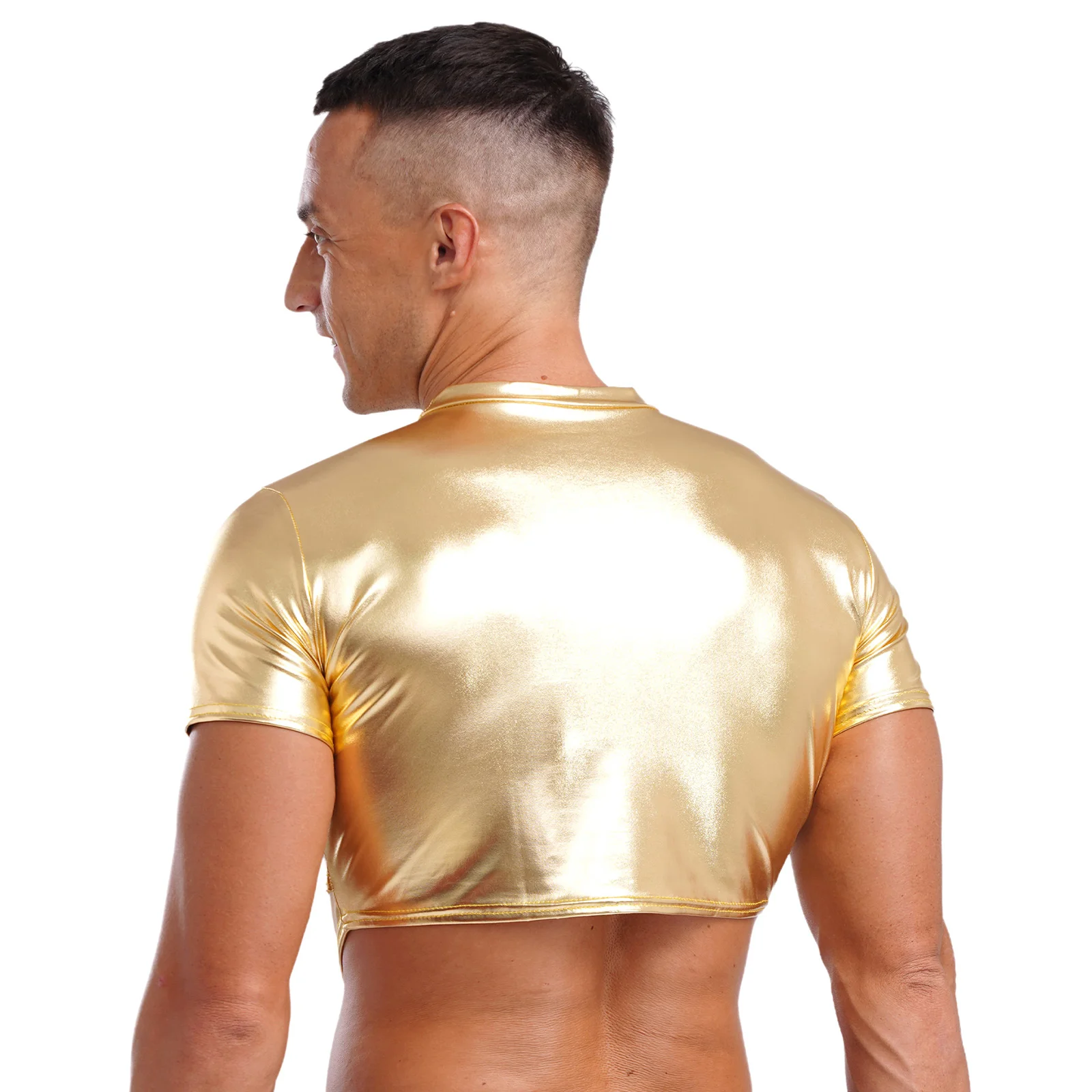 Herren Metallic glänzend schlanke Ernte Top Mock Neck Kurzarm aus geschnitten Hemden Tops Mode Blusen für Jazz Dance Disco Party Clubwear – Detail 15