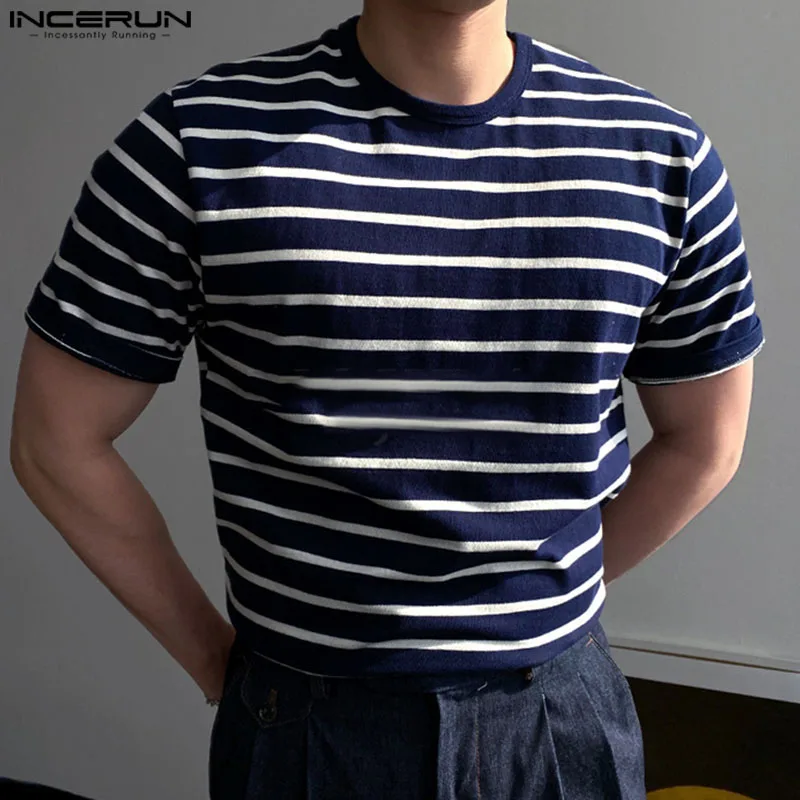

Повседневные стильные топы INCERUN, мужские полосатые свободные футболки с круглым вырезом, индивидуальная удобная женская футболка с коротким рукавом, 2024
