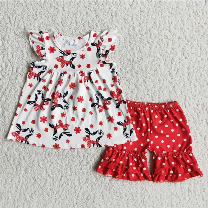 

RTS Hot Sale New Summer Bird Flower Print Ruffles Beautiful Baby Girls Children Fashion Boutique Outfits Clothing sets