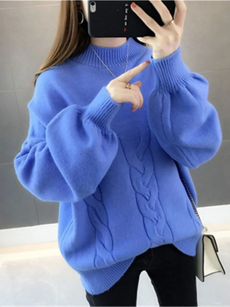 Korean Winter Women Sweater Half Turtleneck Lantern Sleeve Knit ...