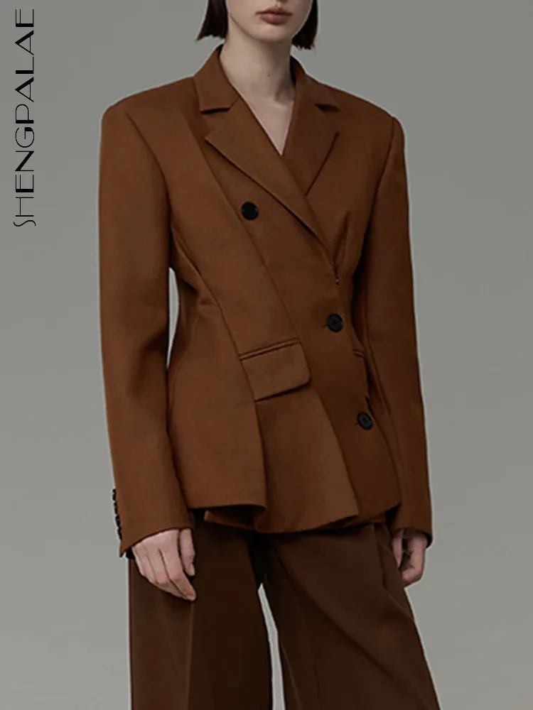 

SHENGPALAE Fashion Women's Blazer Notched Collar Long Sleeve Diagonal Single Breasted Folds Waist Suit Jackets Autumn 2023 New