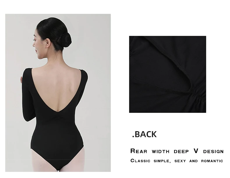 Damen Basic Tanzleotard Langarm Erwachsenen-Team-Ballettanzug Tanzkleidung aus Baumwollstoff mit Großer Rückenaussparung – Detail 8