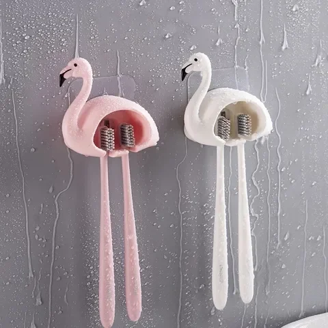 

Bathroom Accessories Flamingo Shaped Toothbrush Holder Sucker 2 Position Cartoon Wall Mount Toothbrush Storage Rack WIKHOSTAR