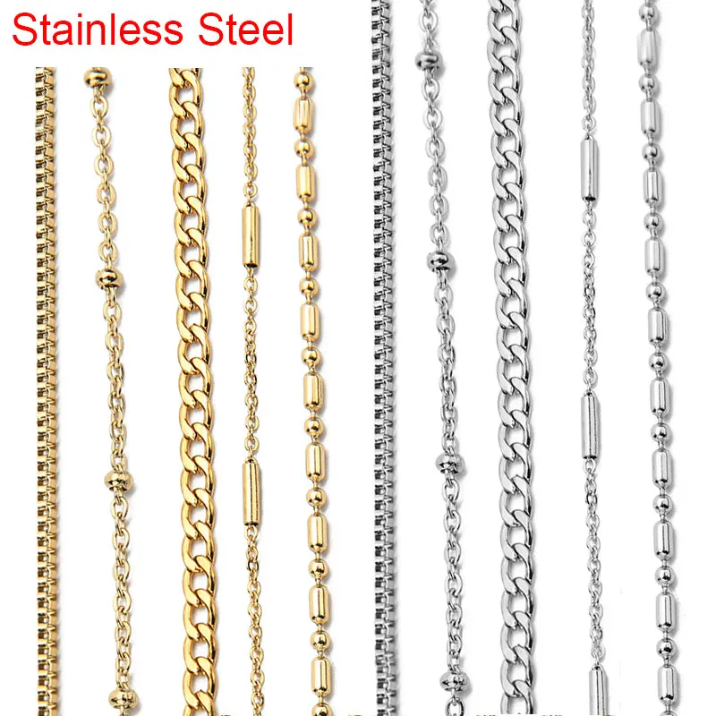 

2meters/lot Stainless Steel Cuban Link Chains Bulk Gold Color Box Bead Chains for Diy Bracelet Necklace Jewelry Making Findings