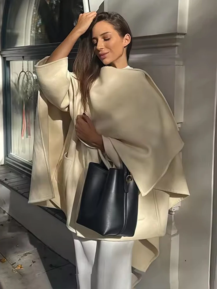 Women's Beige Shawl Cloak Woolen Coat Loose Long Sleeve Irregular Jacket Autumn Winter Chic Street Lady Outerwear Office 2025