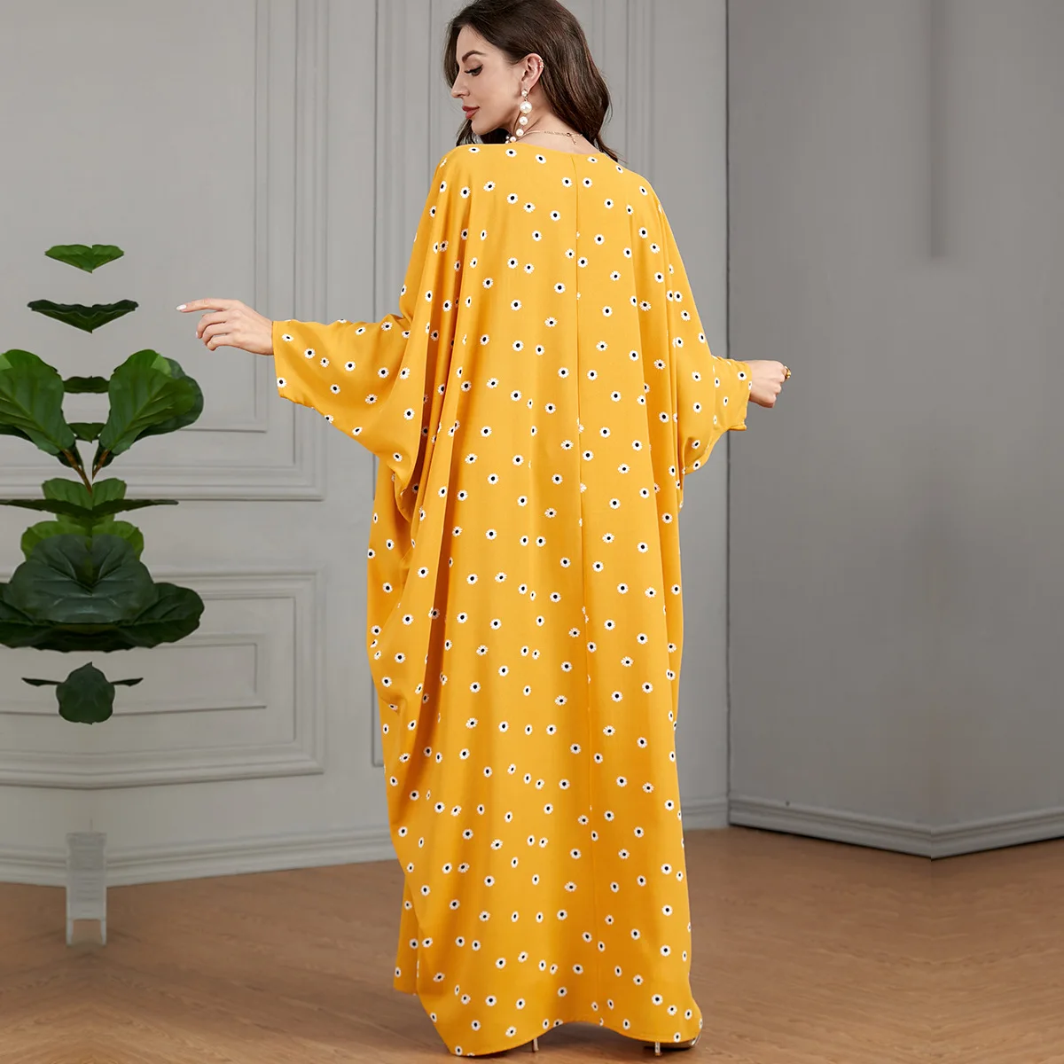 Eid Abayas for Muslim Women Homewear Floral Batwing Sleeve Maxi Size Saudi Turkish Islam Clothing Moroccan Arab Robe