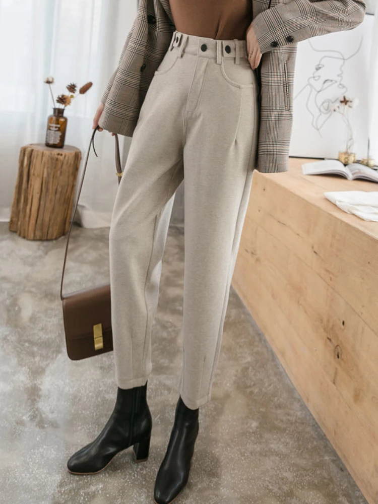 

Oatmeal Woolen Cloth Women's Pants Casual Elastic High Waist Warm Harem Pants 2023 Autumn/Winter New Fashion Loose Black Pants