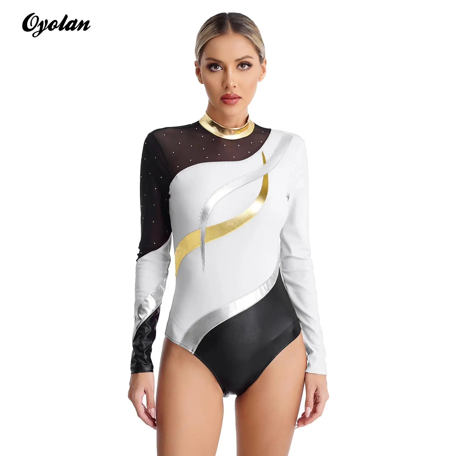 

Women Ballet Dance Leotard Sparkly Rhinestone Cutout Long Sleeve Bodysuit Jumpsuit Gymnastics Figure Skating Performance Costume