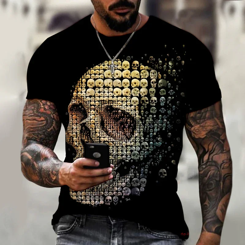 

2024 Brand Skull Rose Romantic 3D Printed Men's And Women's T-shirt High-quality Lycra Polyester Short-sleeved Oversized Top