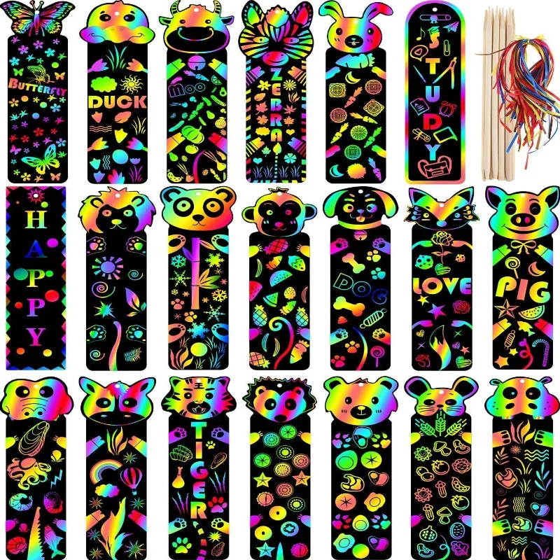 12pcs DIY Cartoon Bookmark Handwriting Scratch Painting Creative Colorful Scratch Paper Children's Painting Art Supplies