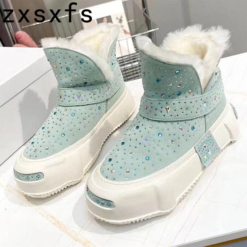 

High Top Flat Crystal Fur Snow Short Boot Ladies Kid Suede Round Toe Platform Ankle Botas 2022 Winter Warm Cotton Shoes Mujer
