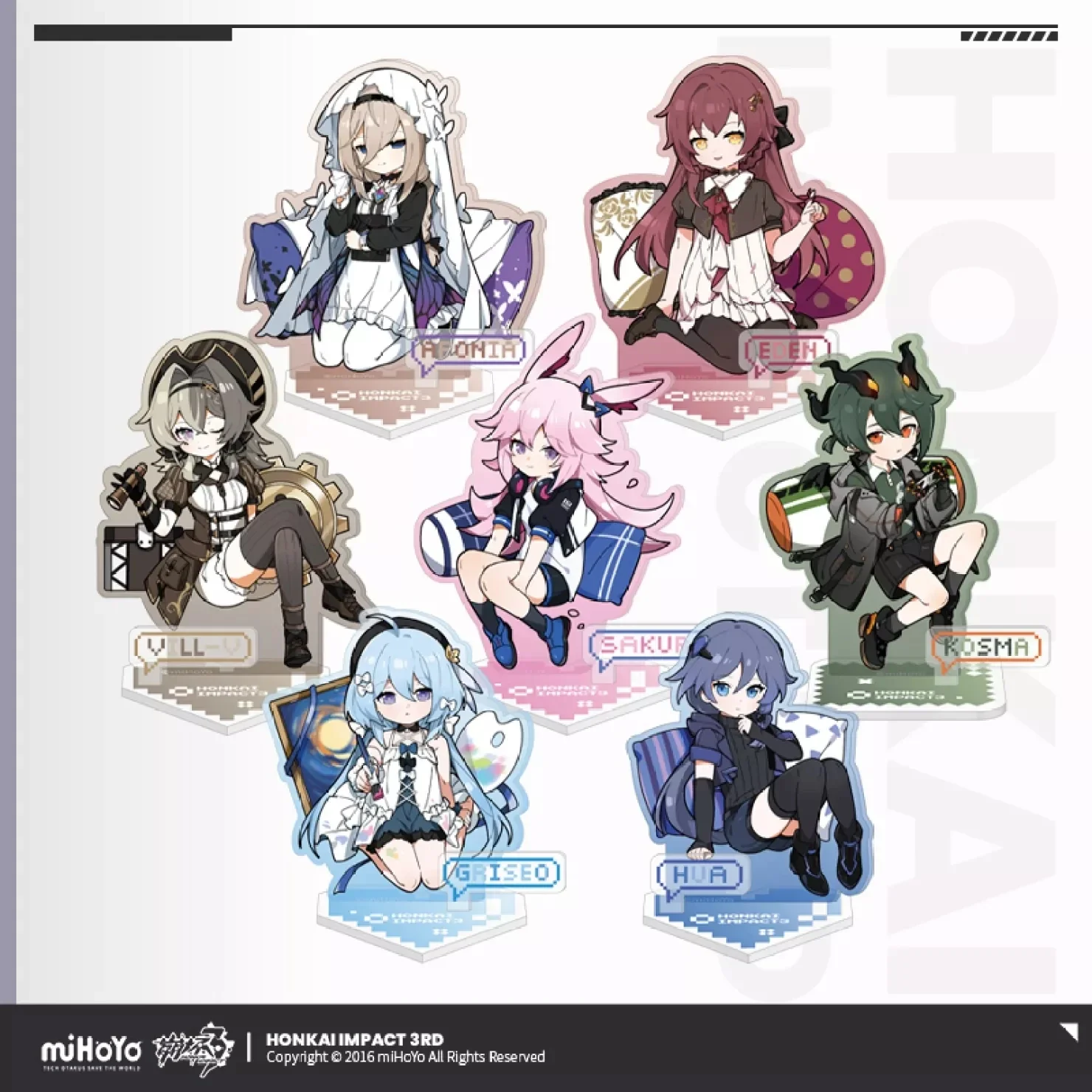 

Anime Game Honkai Impact 3 Cosplay Theme Stand Sakura Eden Kosma Griseo Hua Aponia HD Cartoon Statue Acrylic Figure Ornament