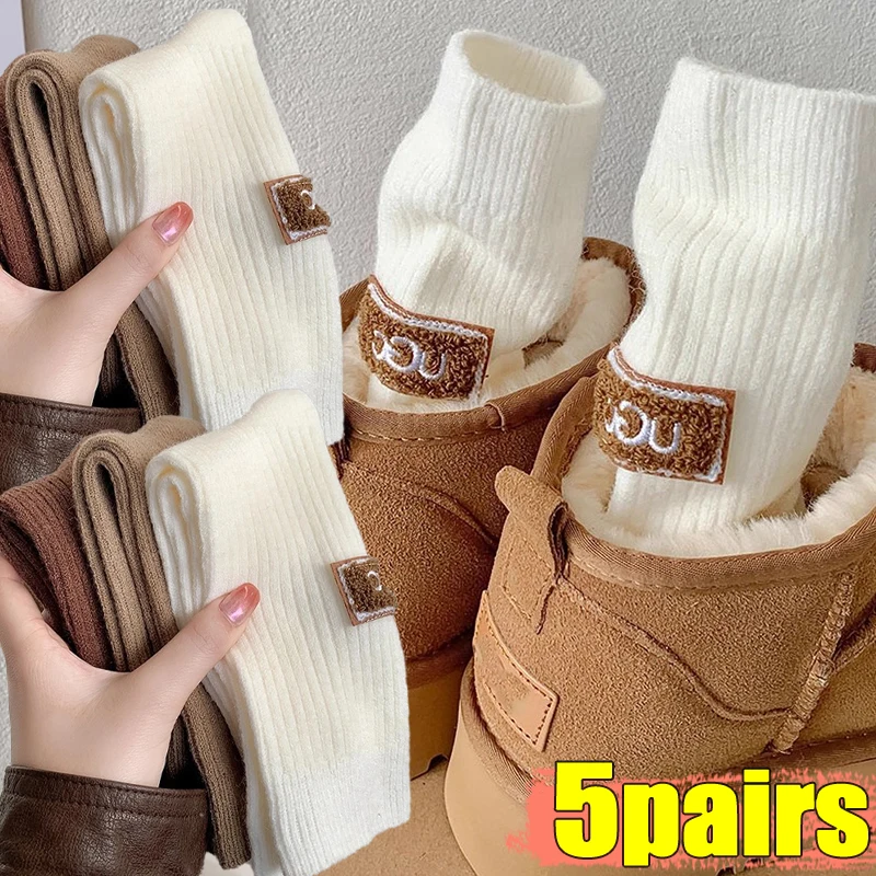 Keep Warm Winter Socks Cozy Thicken Pile Mid Calf Socks Fashion Embroidered Letter Logo Sock Knitted Snow Boot Hosiery 1-5pairs